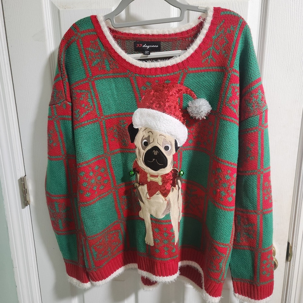 33 Degrees Pug Ugly Christmas Sweater XXL Red Green Sequin Santa Hat Bells